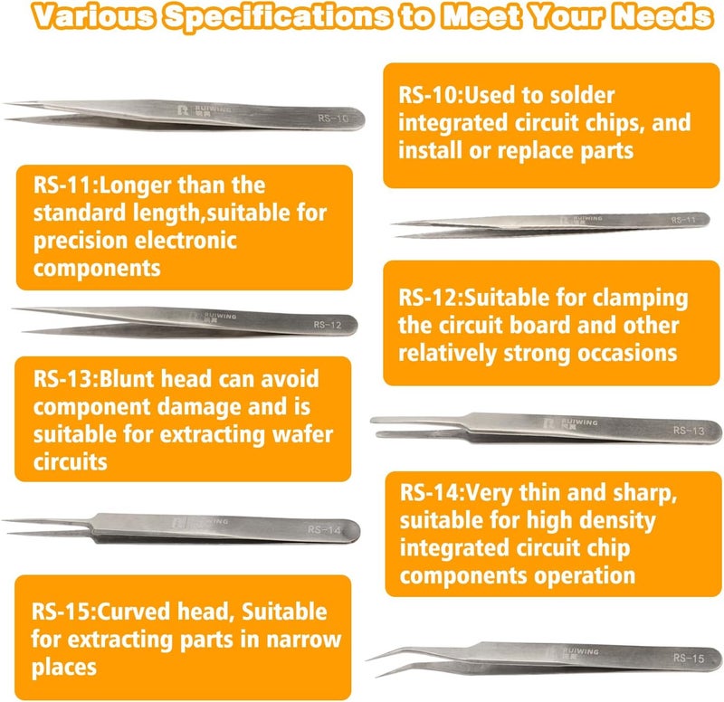 RuiWing Precision Tweezers Set, 6 PCS Extra Thick Stainless Steel, Non-Magnetic, Heat Resistant for Electronics, Soldering, Jewelry, Craft, and Laboratory Work - Image 3